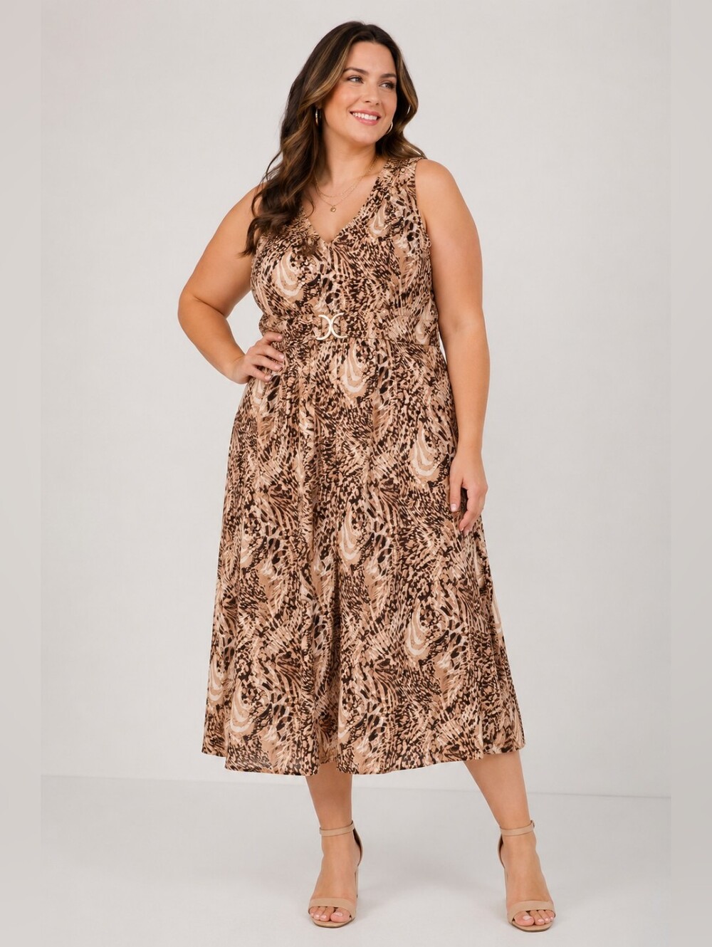 Liz Lange NEW Plus Size 1x: Sleeveless V-Neck Brown Animal Print Midi Dress